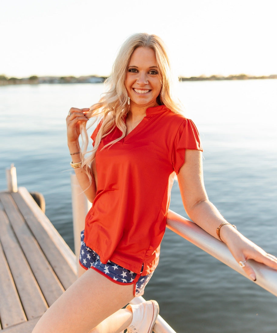 Nicole V-Neck Flutter Sleeve Top – Red | Women's Stretch Blouse