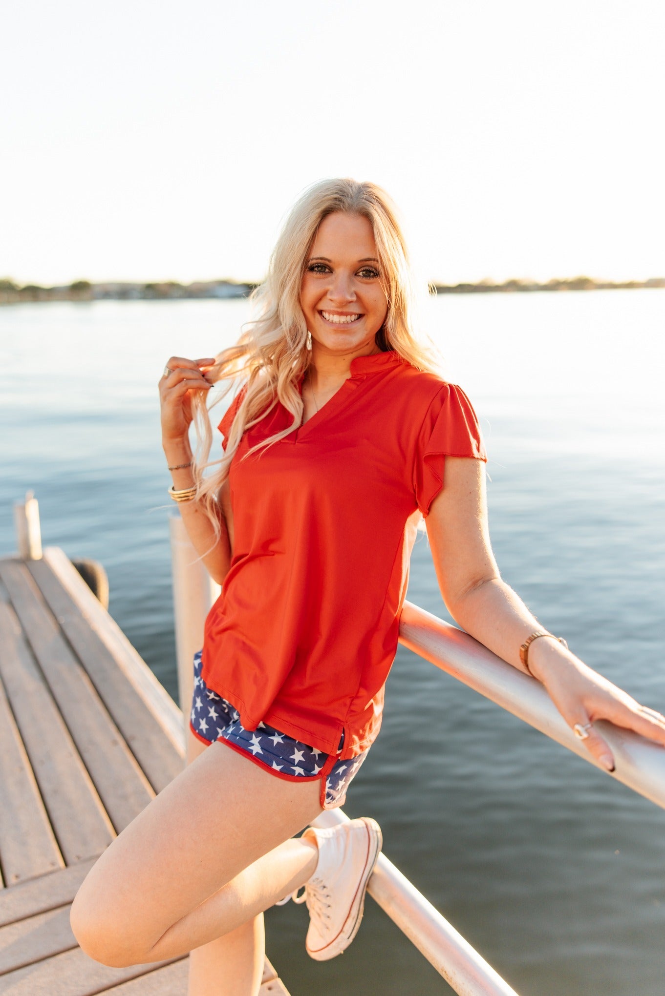 Nicole V-Neck Flutter Sleeve Top – Red | Women's Stretch Blouse