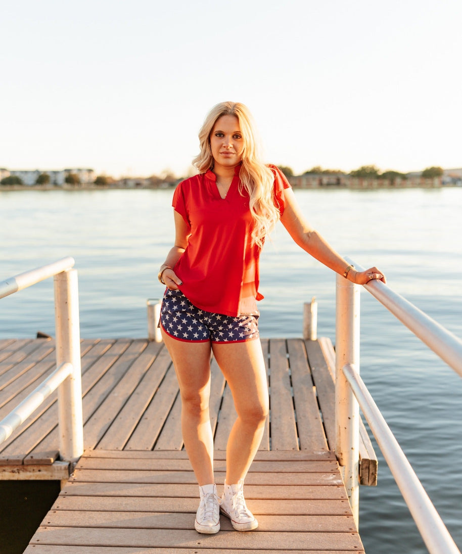 Nicole V-Neck Flutter Sleeve Top – Red | Women's Stretch Blouse