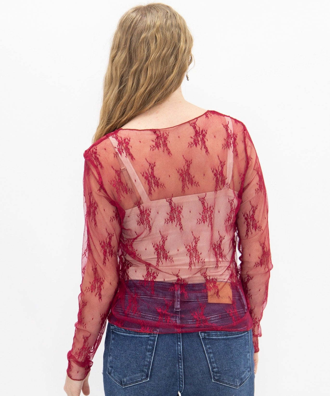 Lace Long-sleeve Top, Red