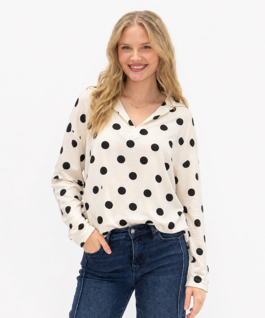 Women's Polka Dot V-Neck Collared Pullover Top | Relaxed Fit | Long Sleeve