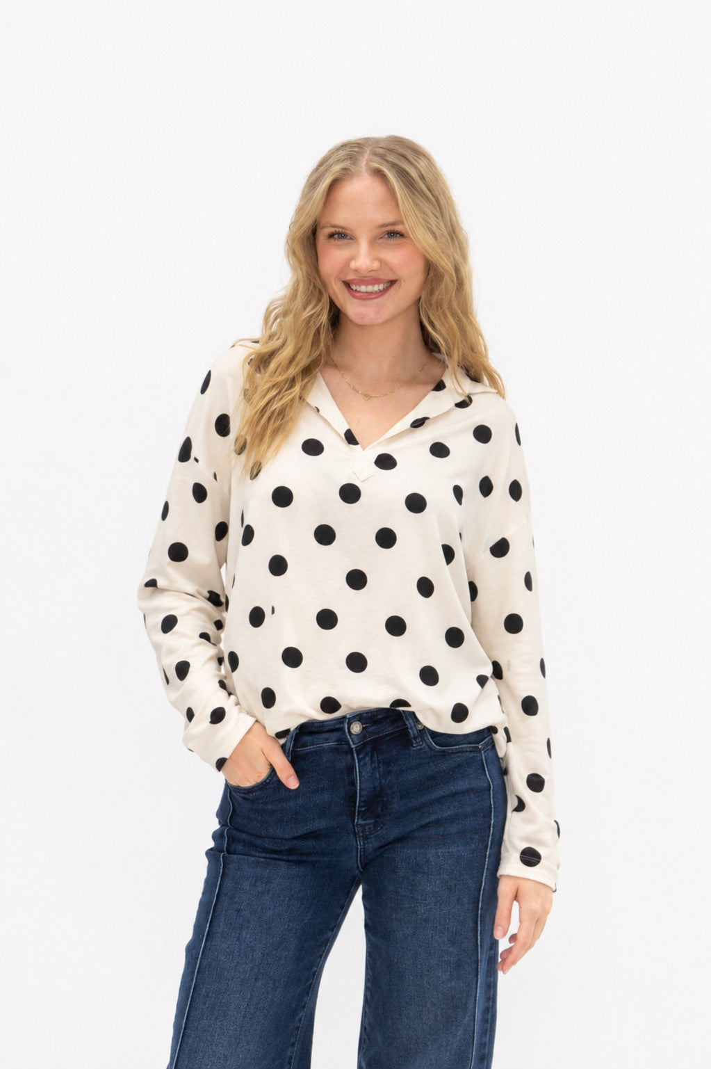 Women's Polka Dot V-Neck Collared Pullover Top | Relaxed Fit | Long Sleeve