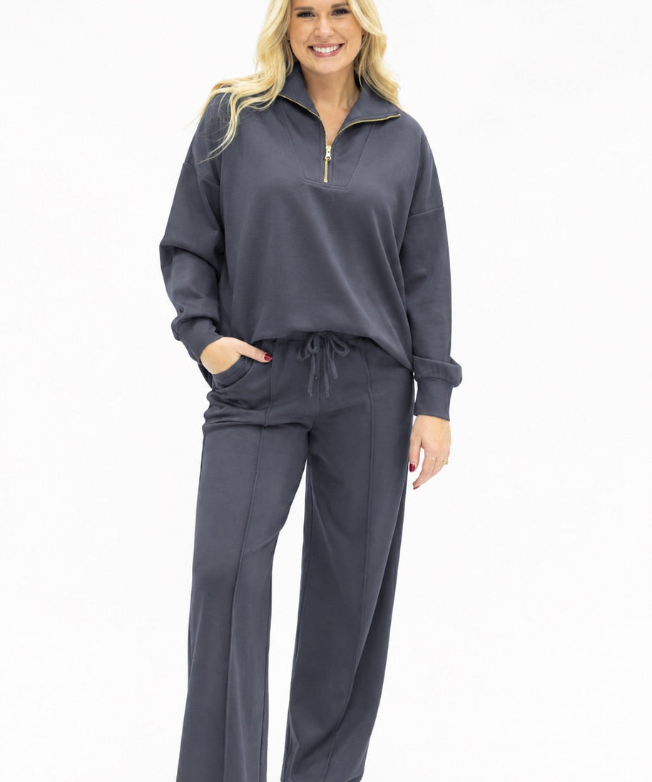 Butter Soft Quarter-Zip Pullover for Women – Oversized, Drop Shoulder, Slate Blue