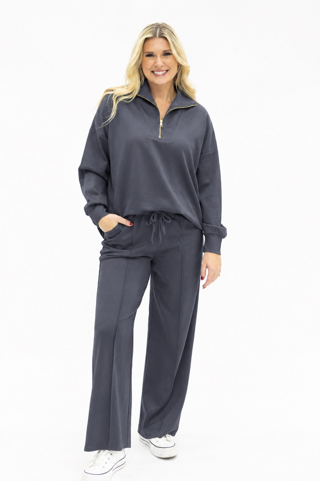 Butter Soft Quarter-Zip Pullover for Women – Oversized, Drop Shoulder, Slate Blue