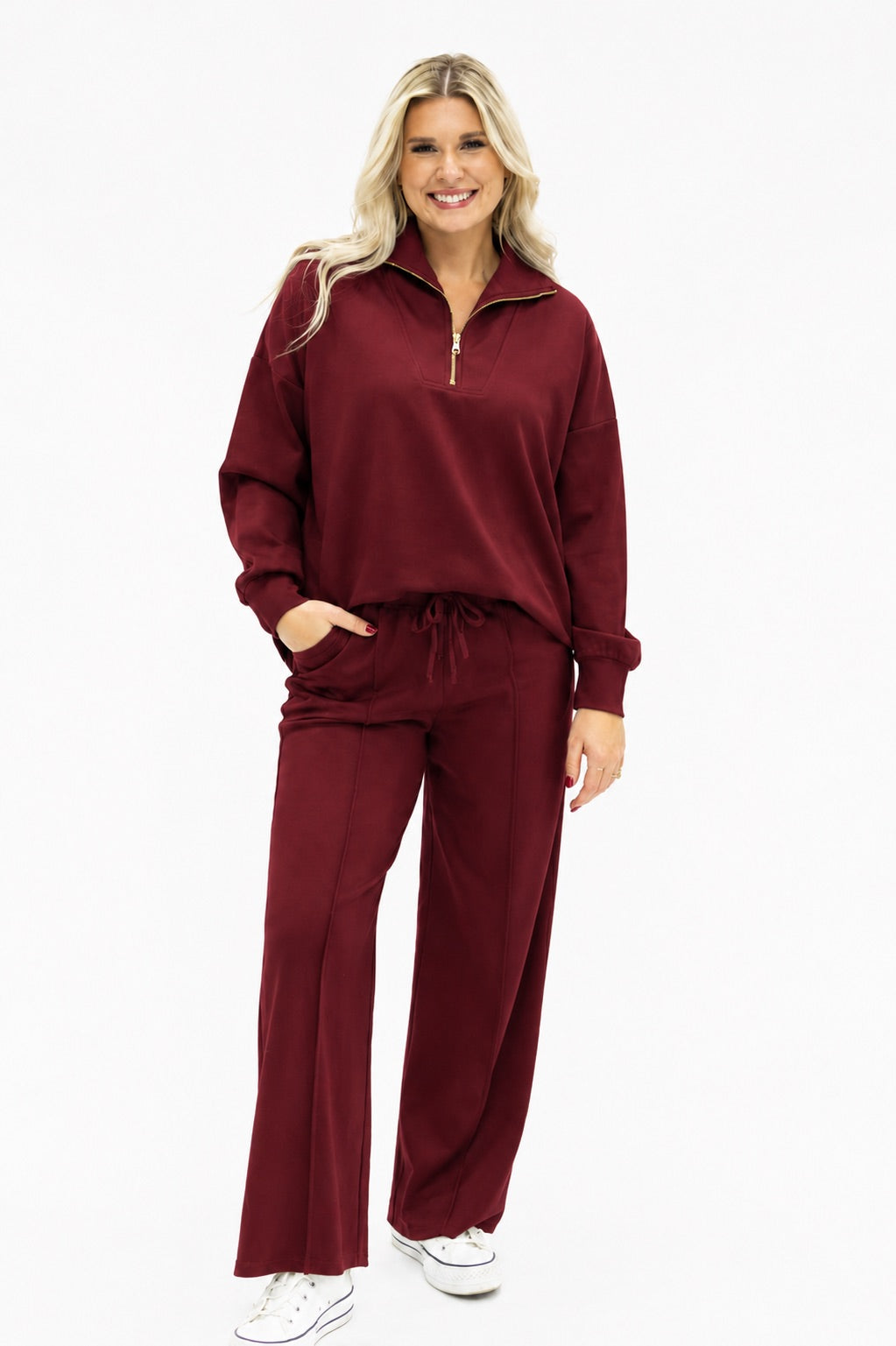 Butter Soft Quarter-Zip Pullover for Women – Oversized, Drop Shoulder, Maroon