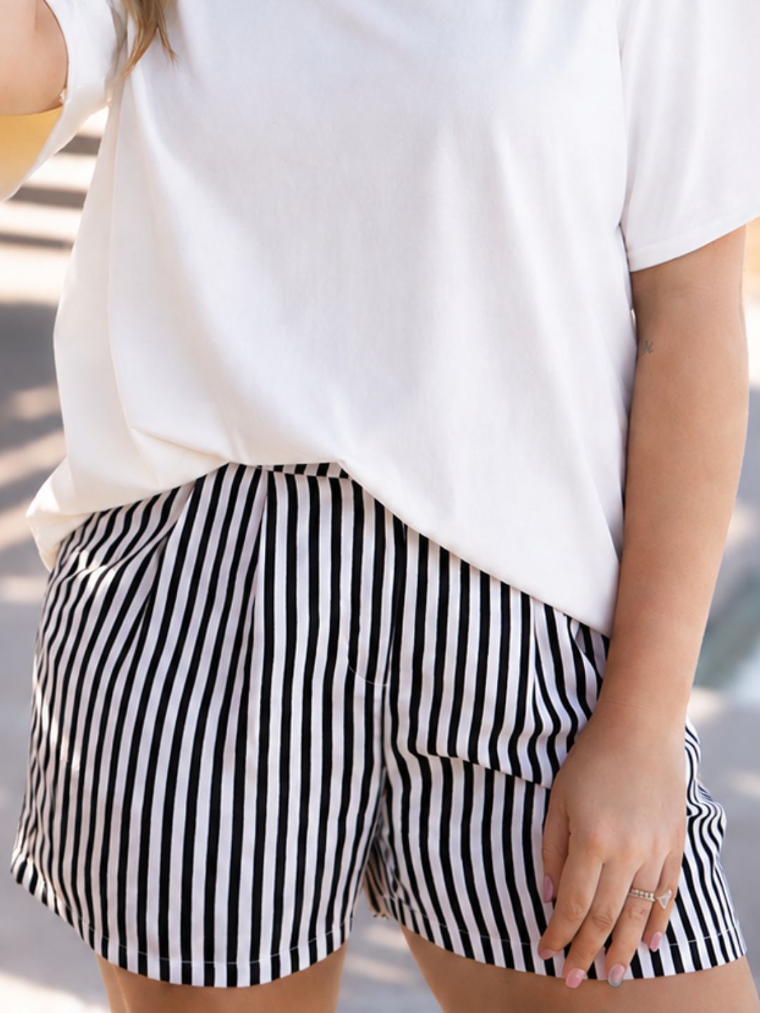 Women's Striped Trouser Shorts – High-Rise, Pleated & Comfortable Fit, Black & White