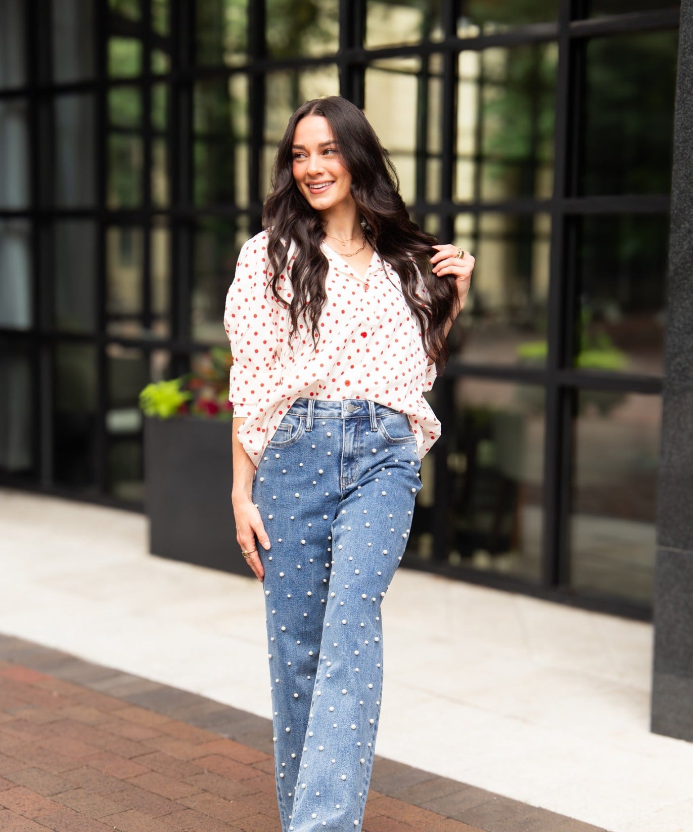 Kathryn Classic Button-Up, Red Polka-Dot