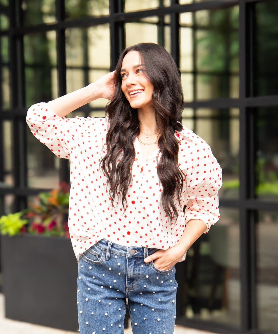 Kathryn Classic Button-Up, Red Polka-Dot