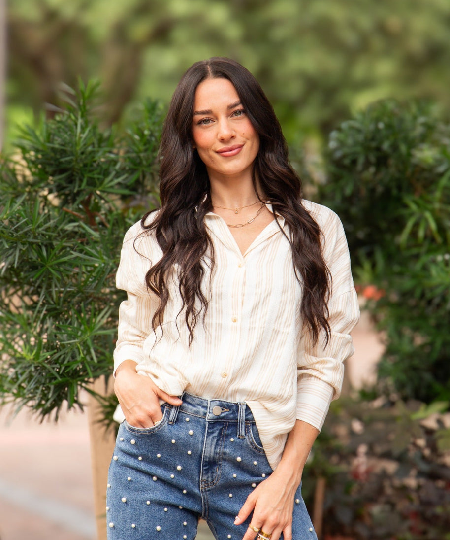 Kathryn Button-Up, Beige Stripes