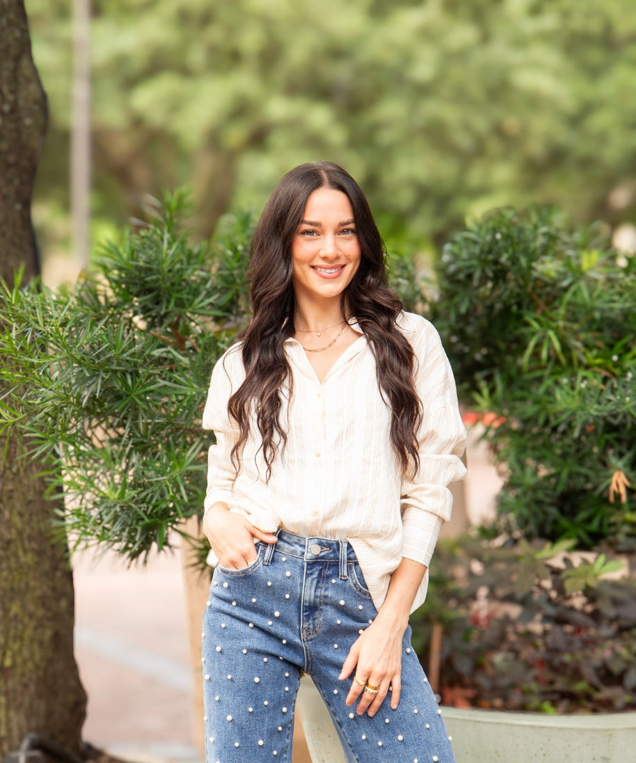 Kathryn Button-Up, Beige Stripes