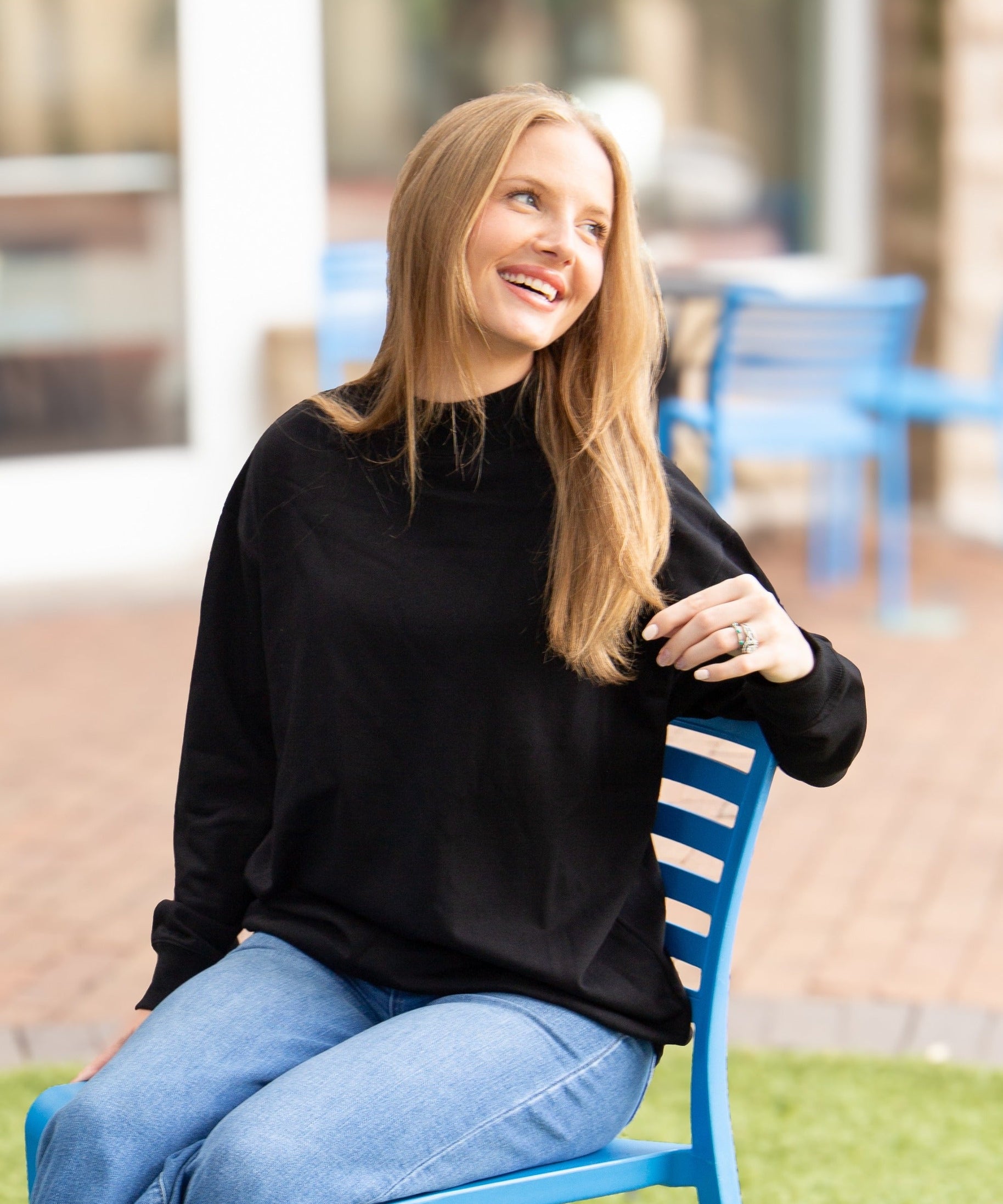 Women's Black Mock Neck Pullover Sweatshirt | Relaxed Fit | Ribbed Cuffs | 60% Cotton