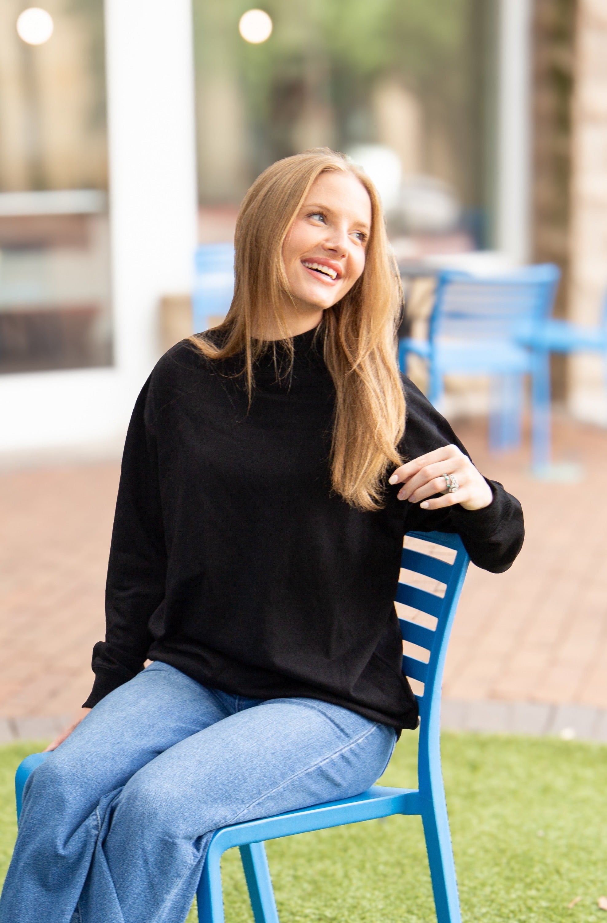 Women's Black Mock Neck Pullover Sweatshirt | Relaxed Fit | Ribbed Cuffs | 60% Cotton