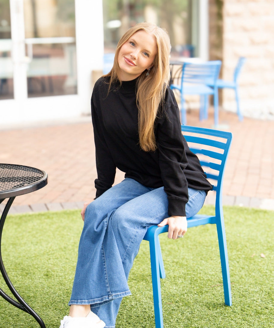 Women's Black Mock Neck Pullover Sweatshirt | Relaxed Fit | Ribbed Cuffs | 60% Cotton