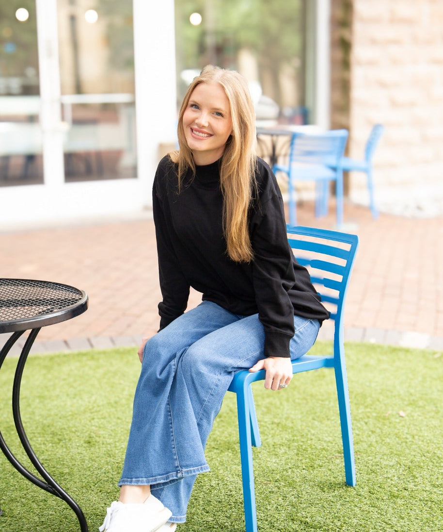 Women's Black Mock Neck Pullover Sweatshirt | Relaxed Fit | Ribbed Cuffs | 60% Cotton