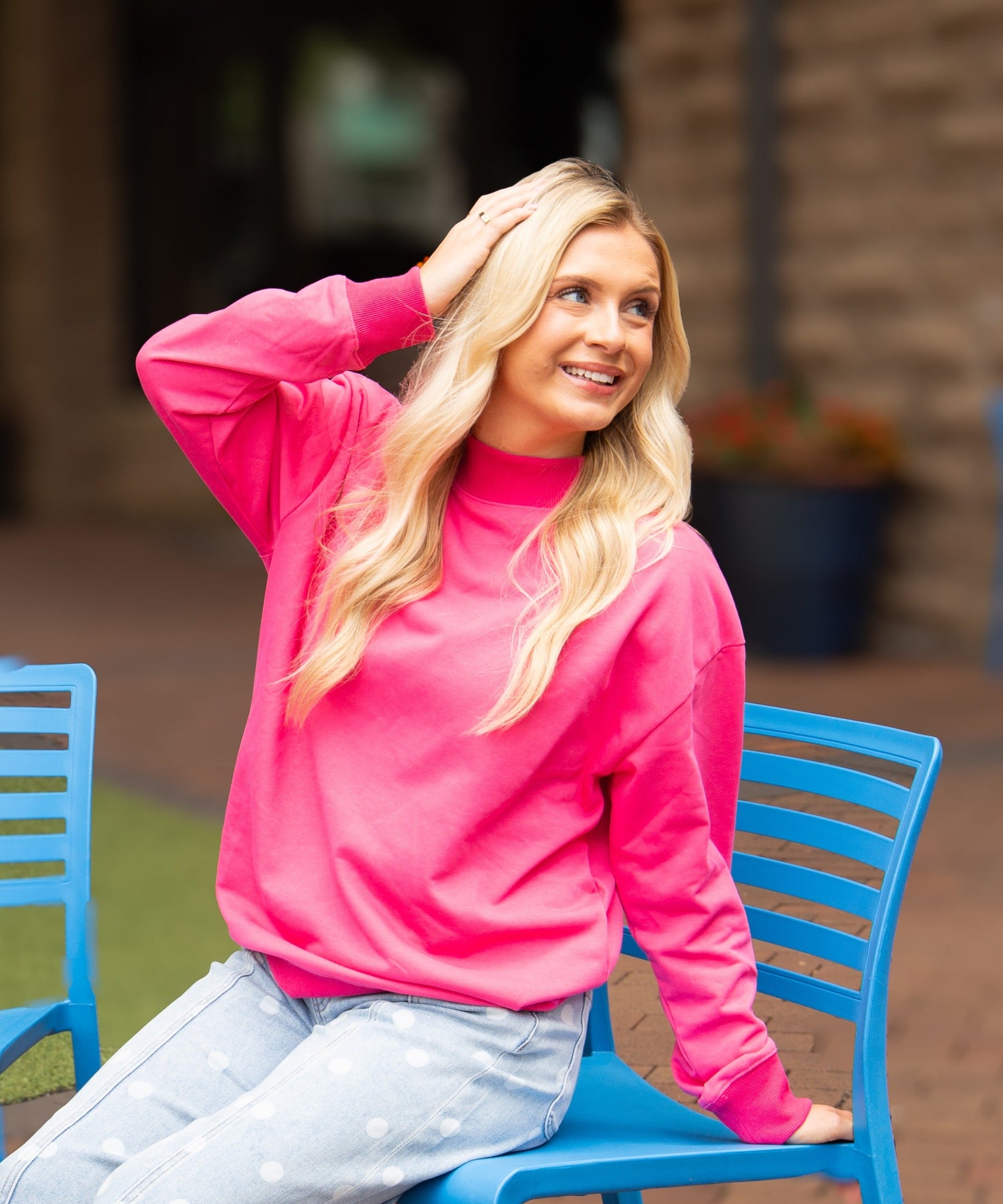 Women's Hot Pink Mock Neck Pullover Sweatshirt | Relaxed Fit | Ribbed Cuffs | 60% Cotton