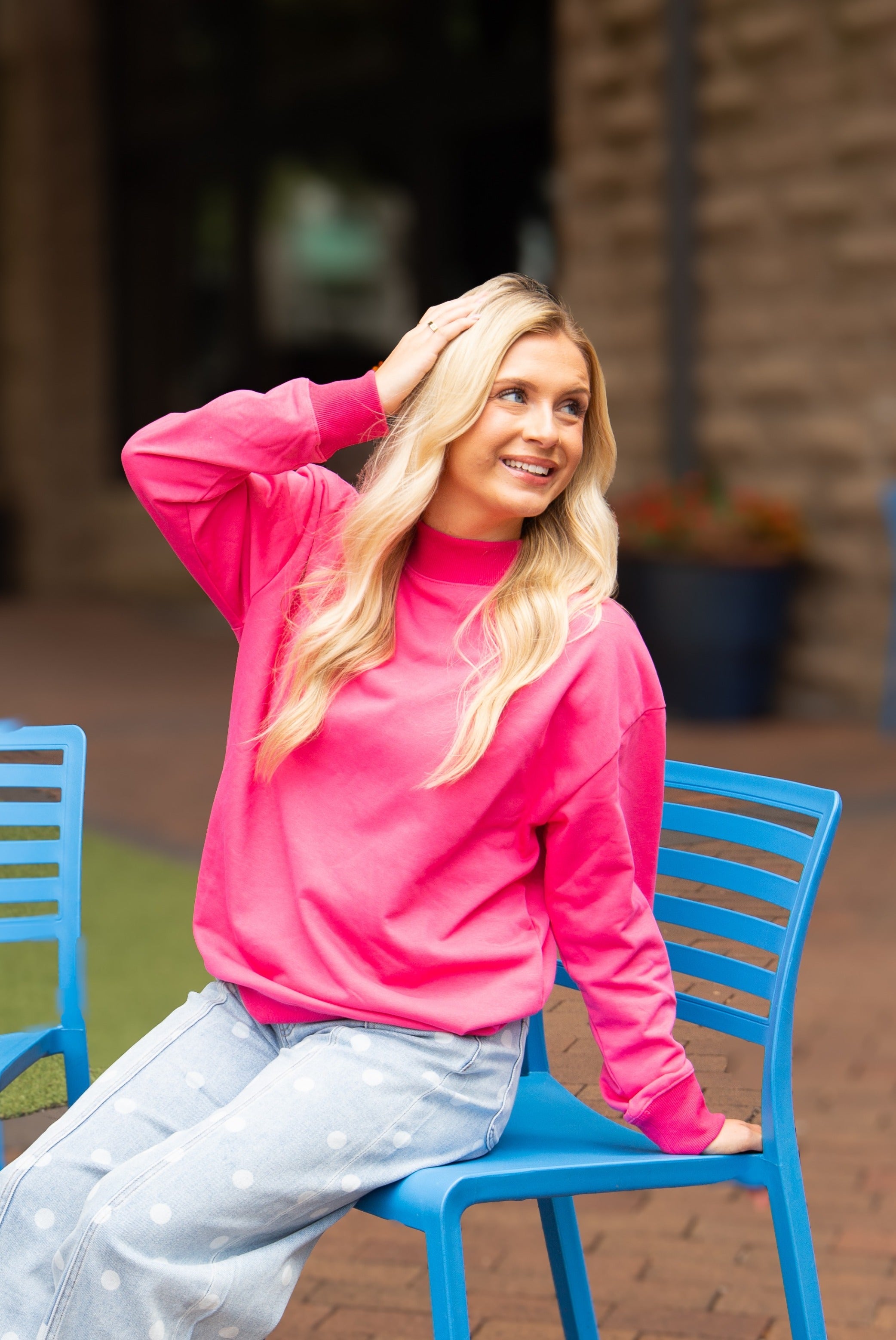 Women's Hot Pink Mock Neck Pullover Sweatshirt | Relaxed Fit | Ribbed Cuffs | 60% Cotton