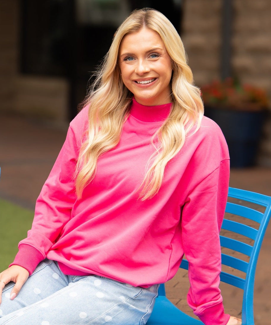 Women's Hot Pink Mock Neck Pullover Sweatshirt | Relaxed Fit | Ribbed Cuffs | 60% Cotton