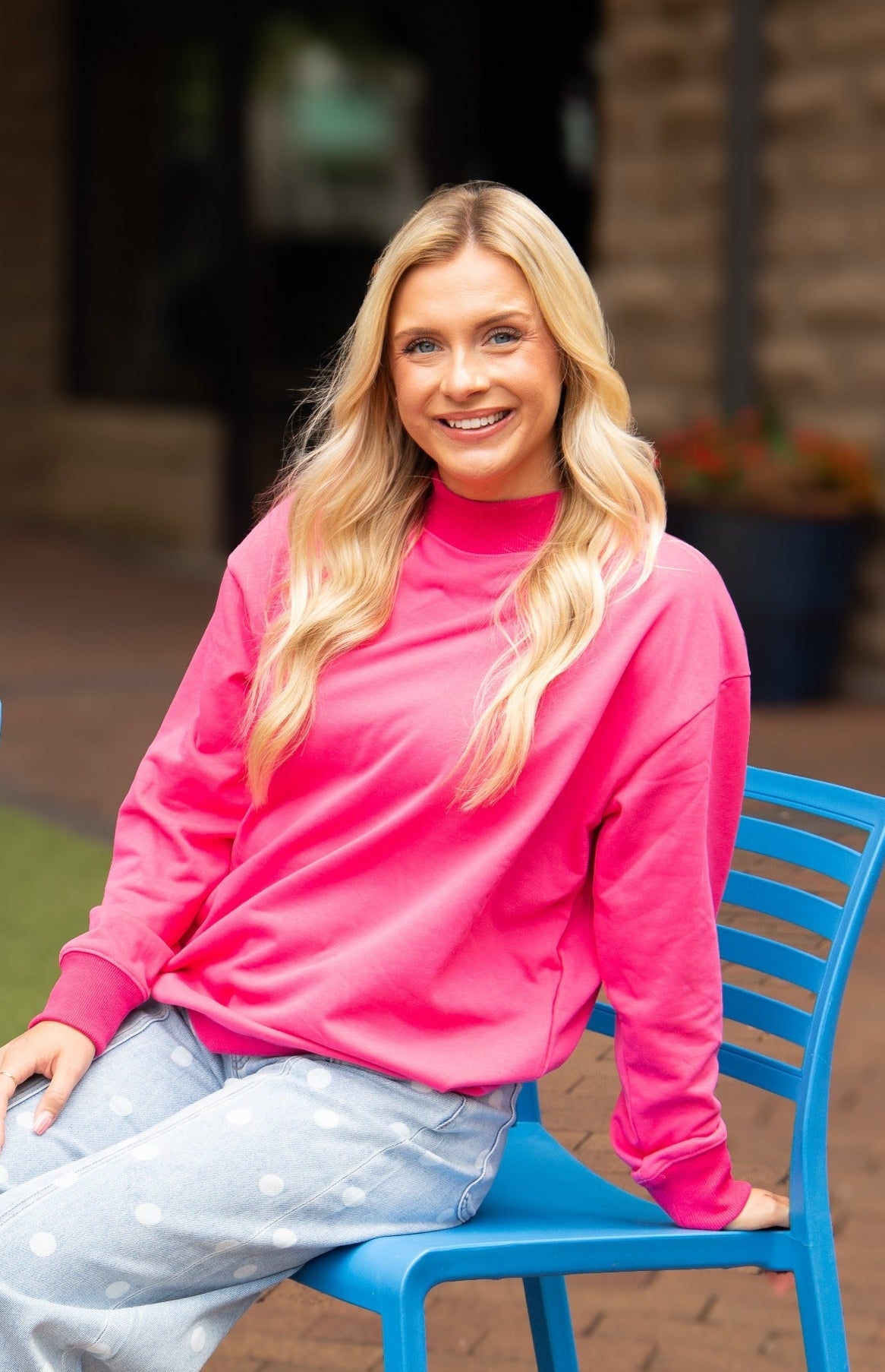 Women's Hot Pink Mock Neck Pullover Sweatshirt | Relaxed Fit | Ribbed Cuffs | 60% Cotton