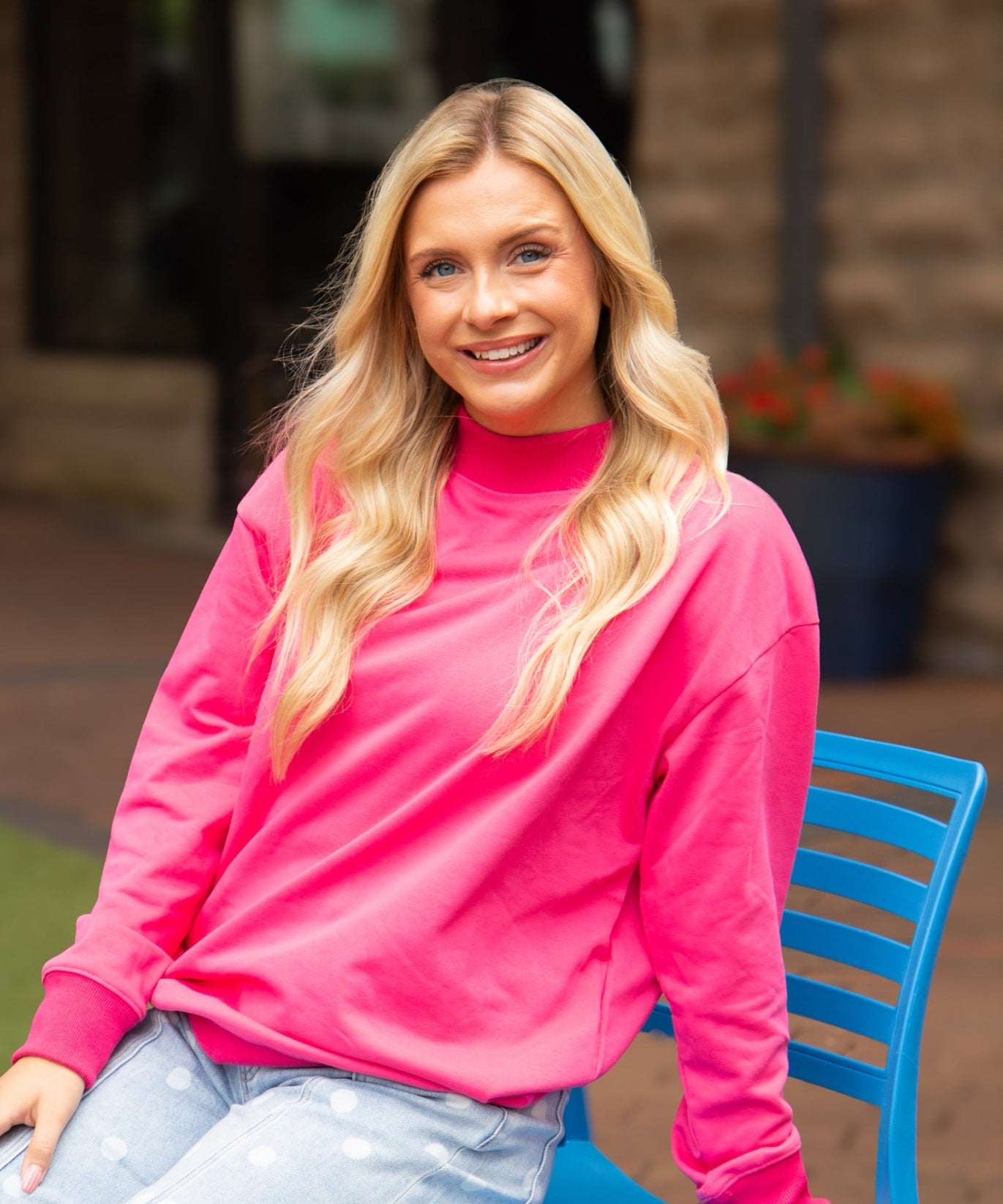 Women's Hot Pink Mock Neck Pullover Sweatshirt | Relaxed Fit | Ribbed Cuffs | 60% Cotton