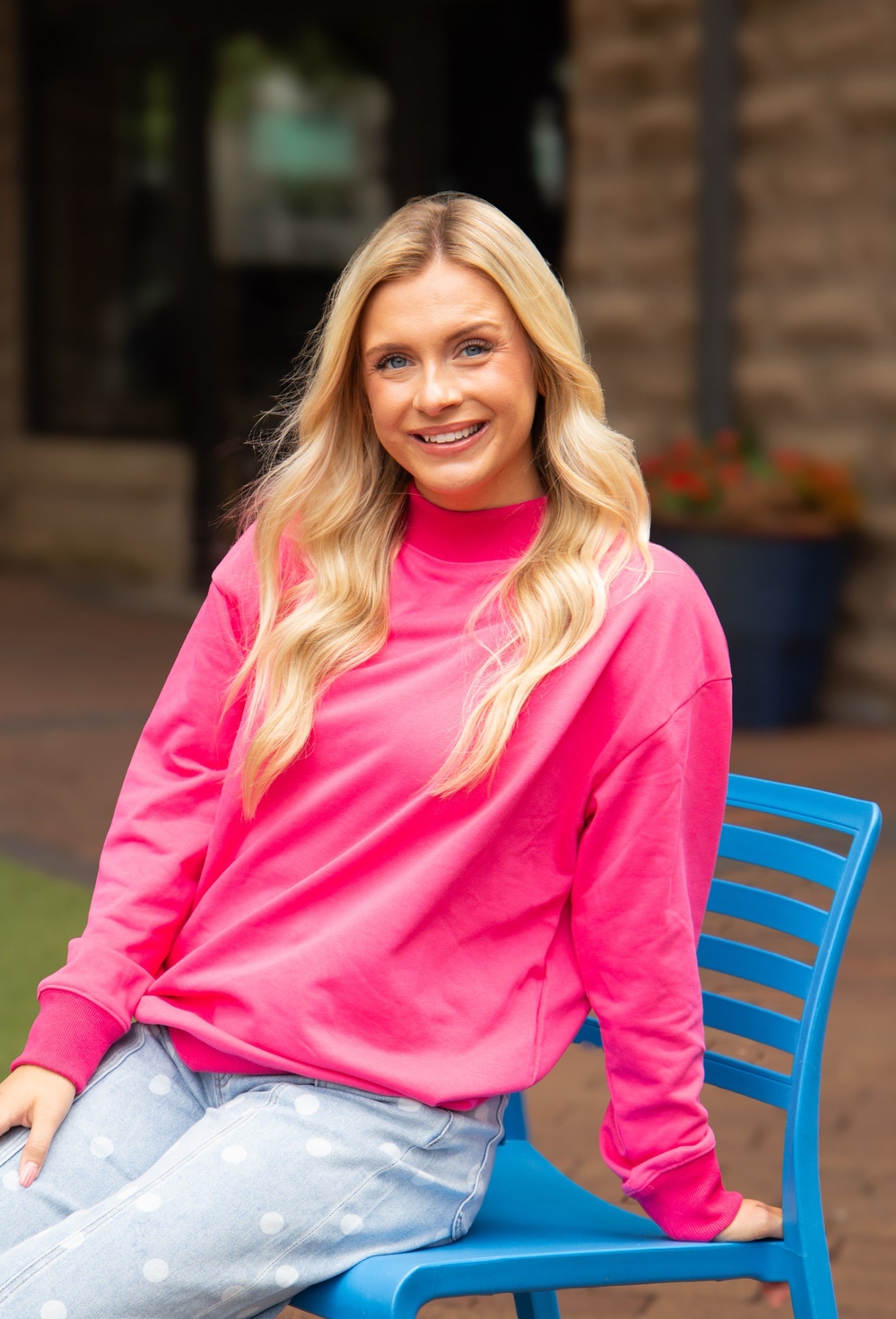Women's Hot Pink Mock Neck Pullover Sweatshirt | Relaxed Fit | Ribbed Cuffs | 60% Cotton