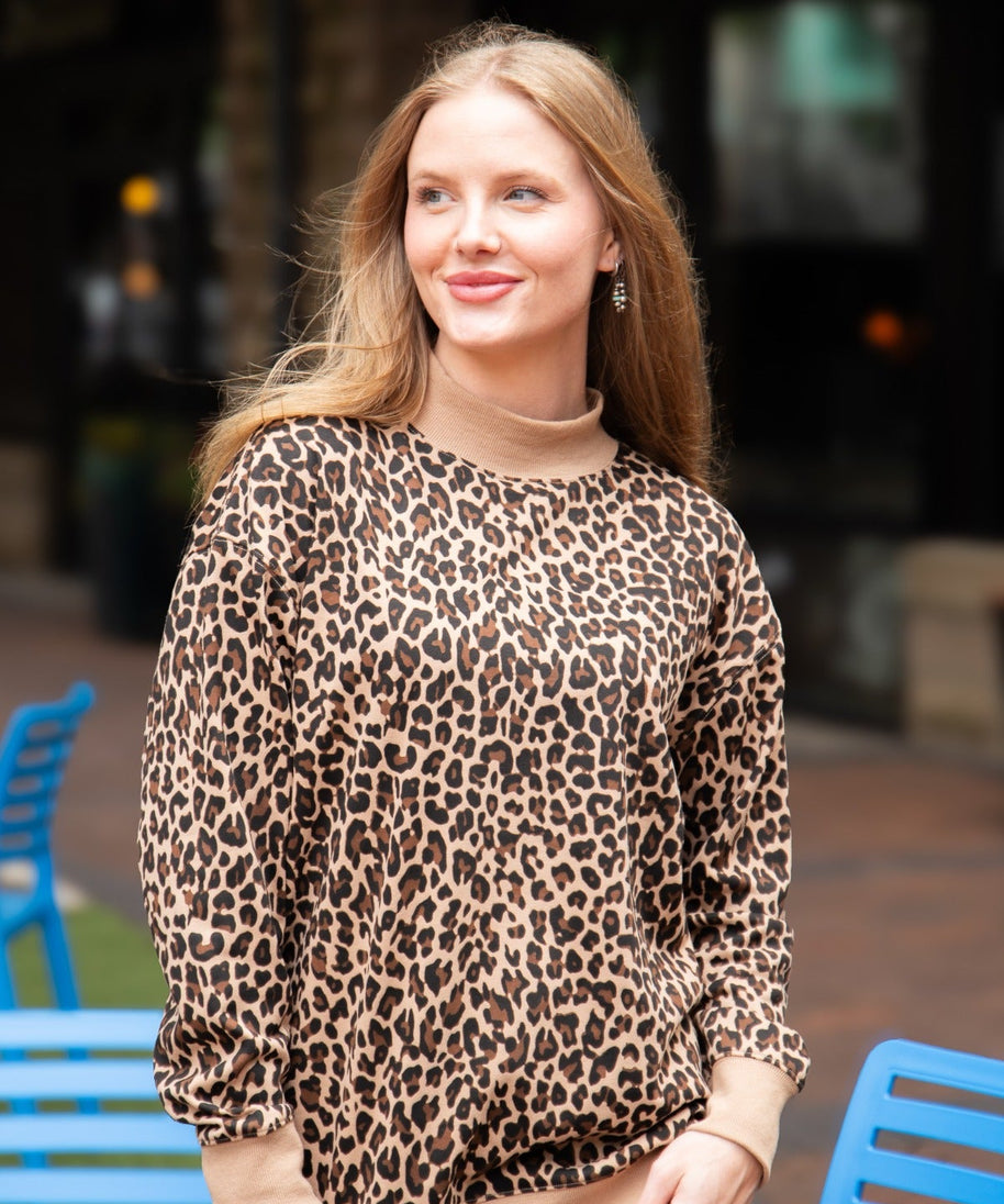 Women's Leopard Print Mock Neck Pullover Sweatshirt | Relaxed Fit | Ribbed Cuffs | 60% Cotton