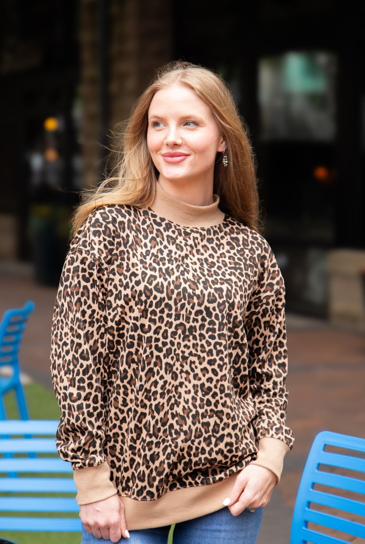 Women's Leopard Print Mock Neck Pullover Sweatshirt | Relaxed Fit | Ribbed Cuffs | 60% Cotton