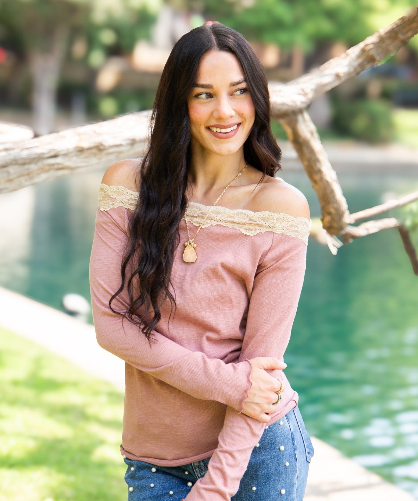 Women's Mauve Off-the-Shoulder Long Sleeve Top | Lace Trim | Fitted | High Stretch