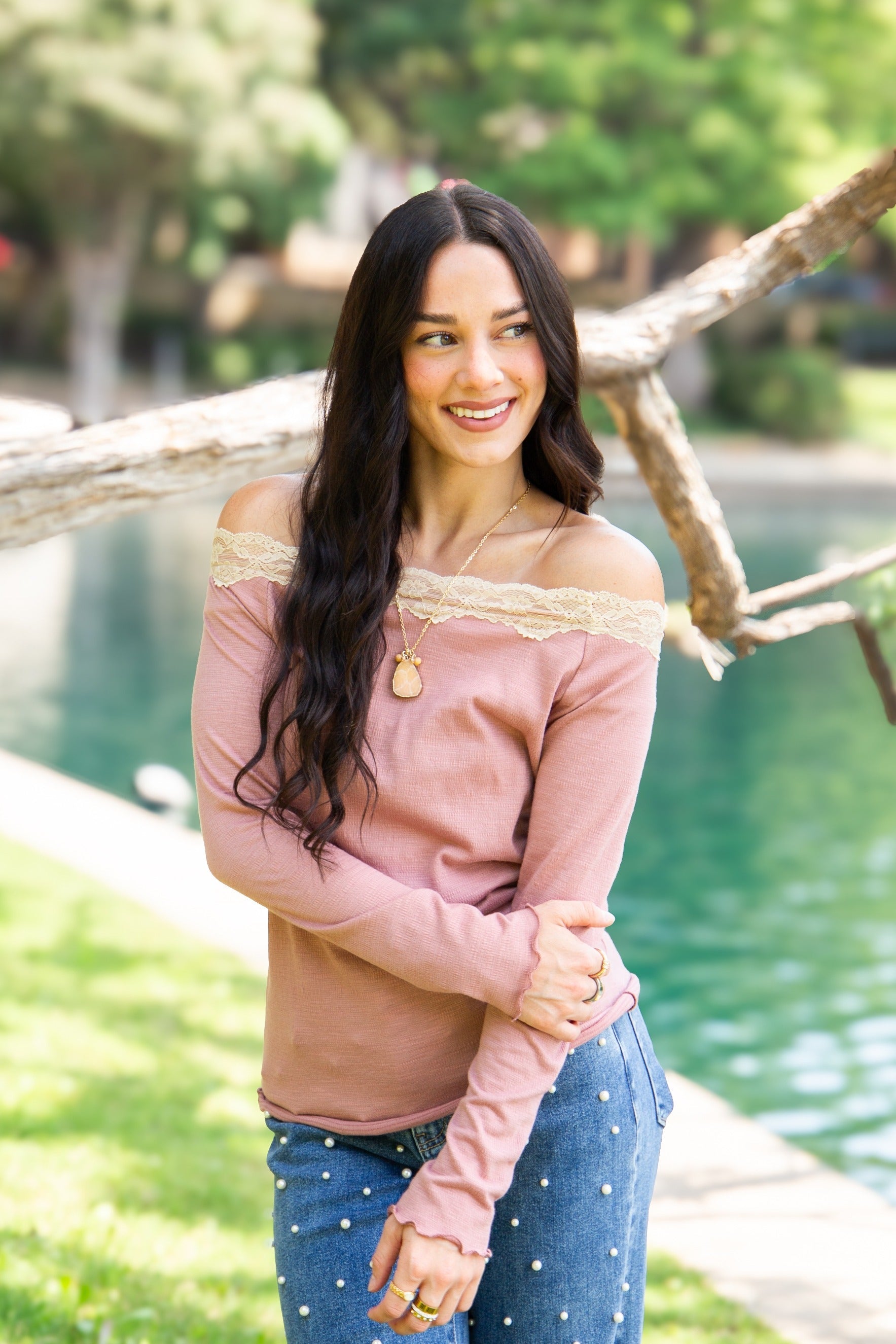 Women's Mauve Off-the-Shoulder Long Sleeve Top | Lace Trim | Fitted | High Stretch
