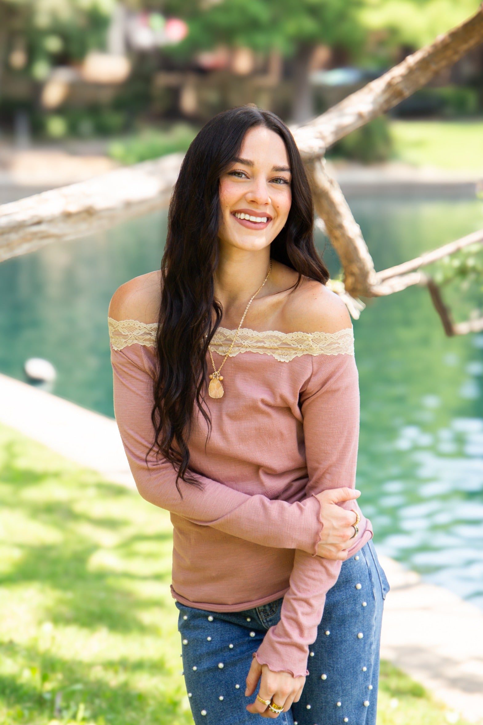 Women's Mauve Off-the-Shoulder Long Sleeve Top | Lace Trim | Fitted | High Stretch