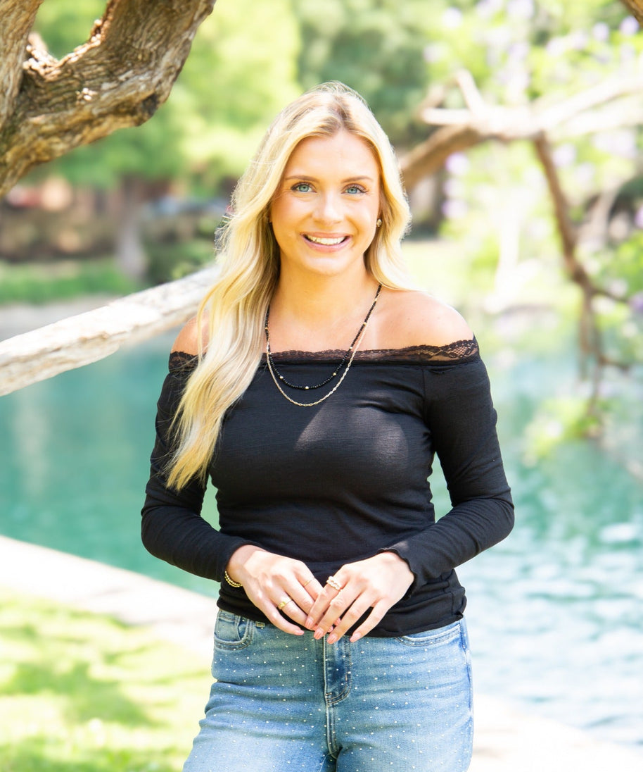Women's Black Off-the-Shoulder Long Sleeve Top | Lace Trim | Fitted | High Stretch