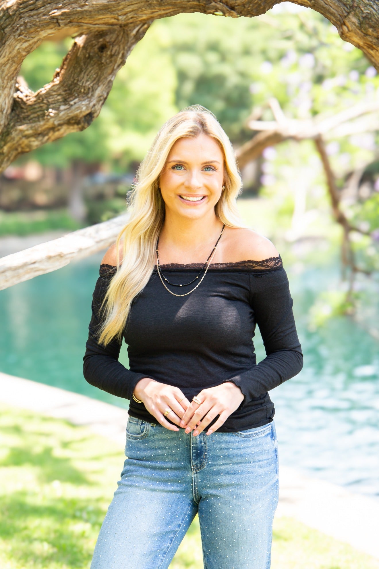 Women's Black Off-the-Shoulder Long Sleeve Top | Lace Trim | Fitted | High Stretch