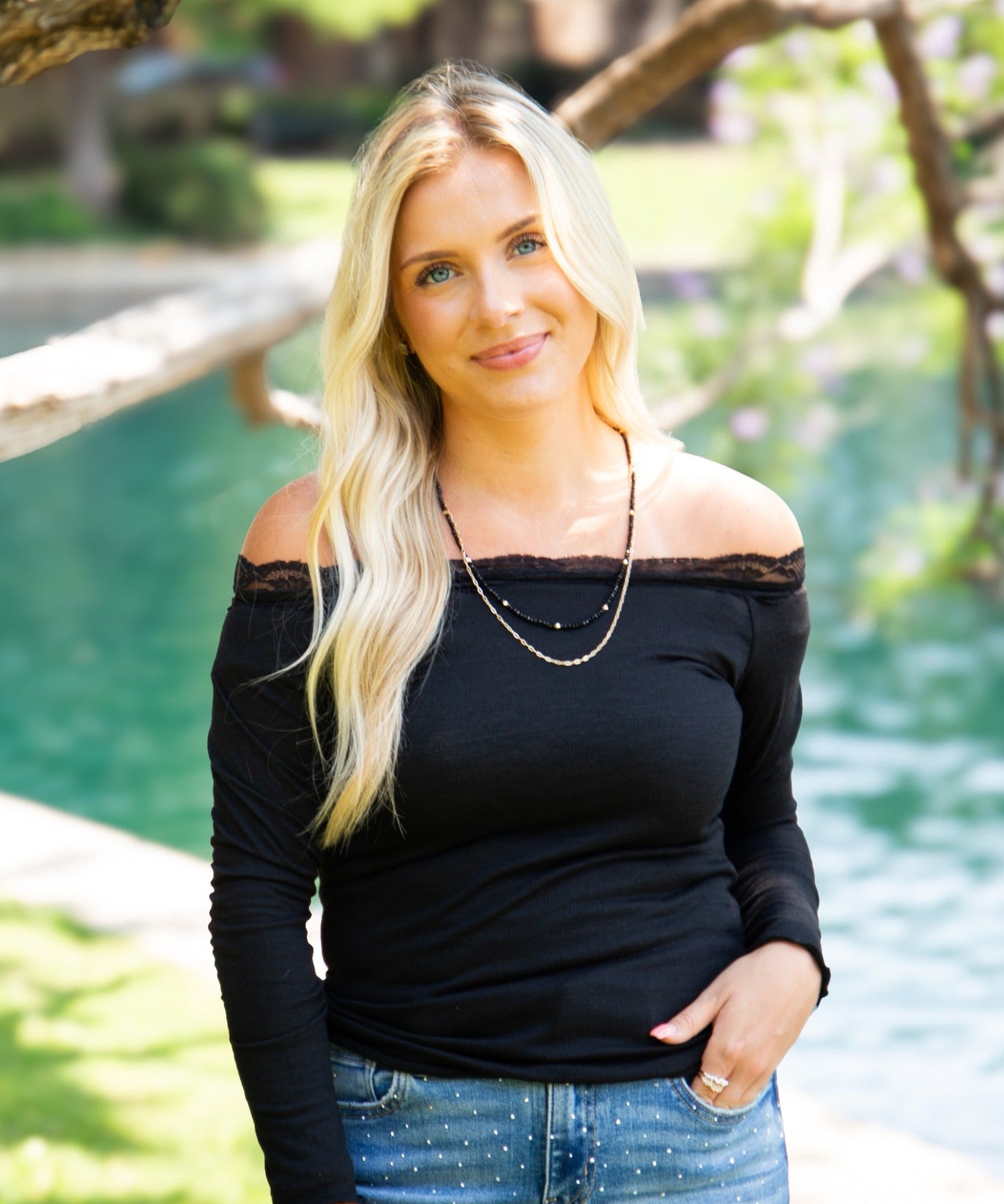 Women's Black Off-the-Shoulder Long Sleeve Top | Lace Trim | Fitted | High Stretch