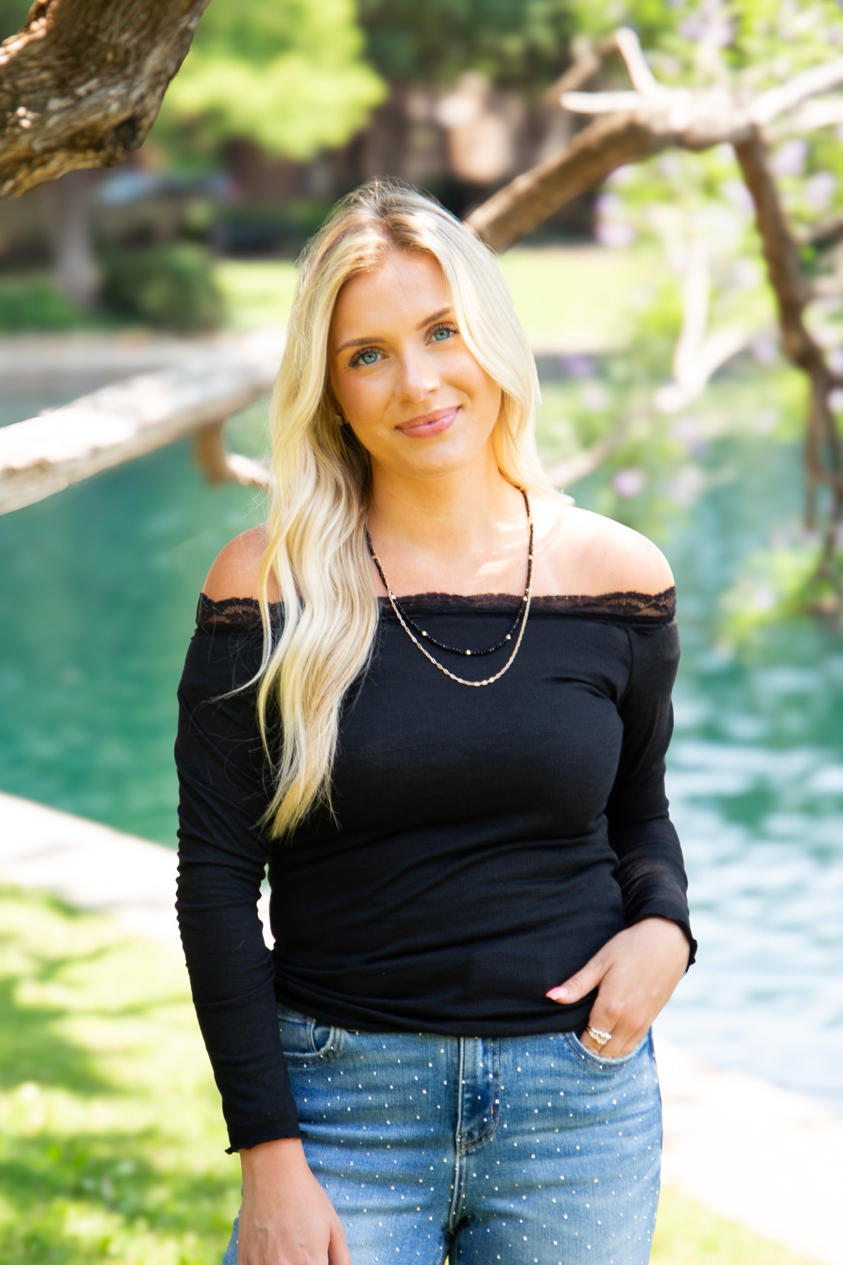 Women's Black Off-the-Shoulder Long Sleeve Top | Lace Trim | Fitted | High Stretch