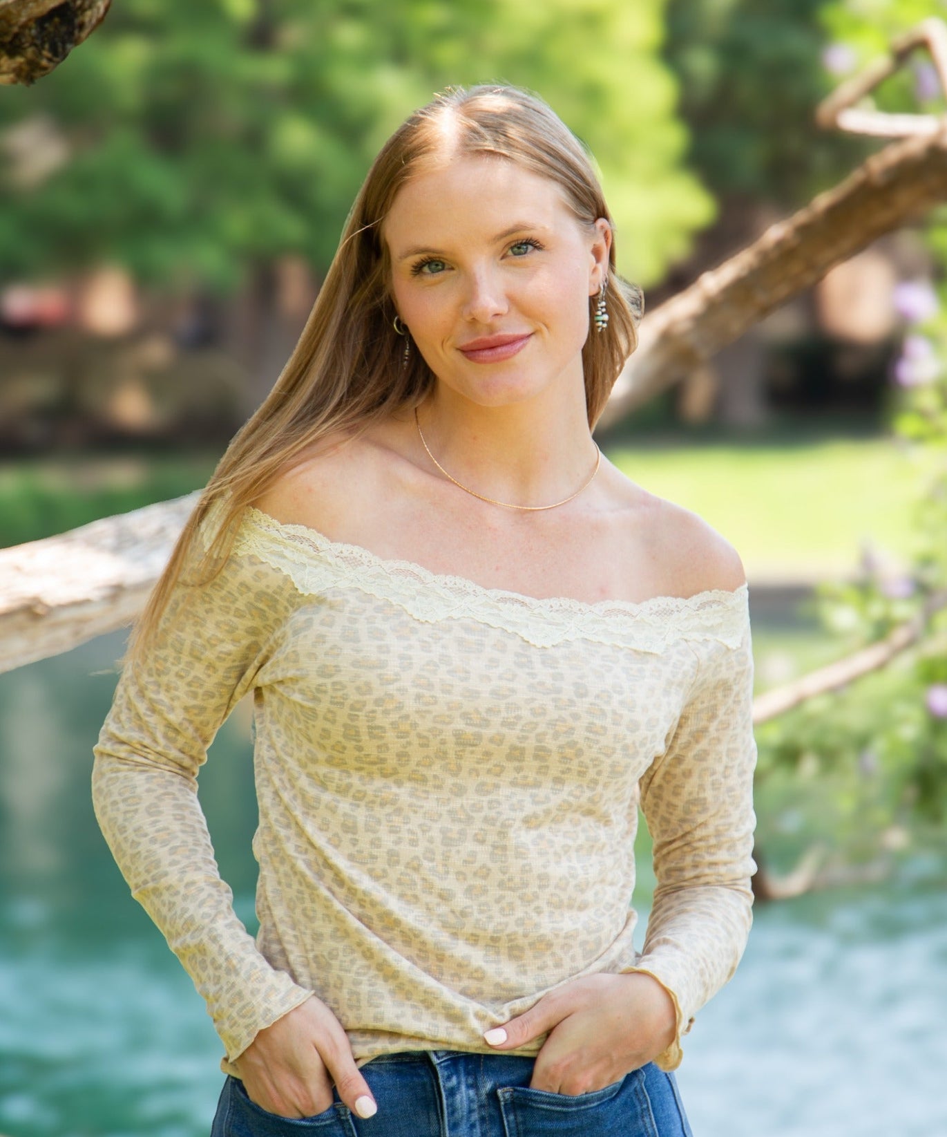 Women's Leopard Print Off-the-Shoulder Long Sleeve Top | Lace Trim | Fitted | High Stretch