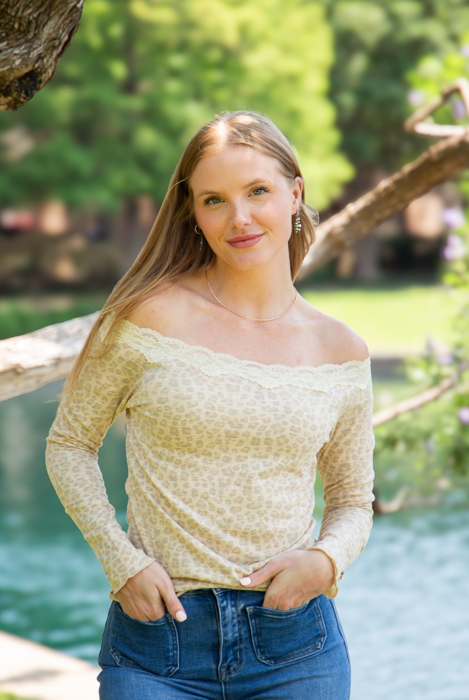 Women's Leopard Print Off-the-Shoulder Long Sleeve Top | Lace Trim | Fitted | High Stretch