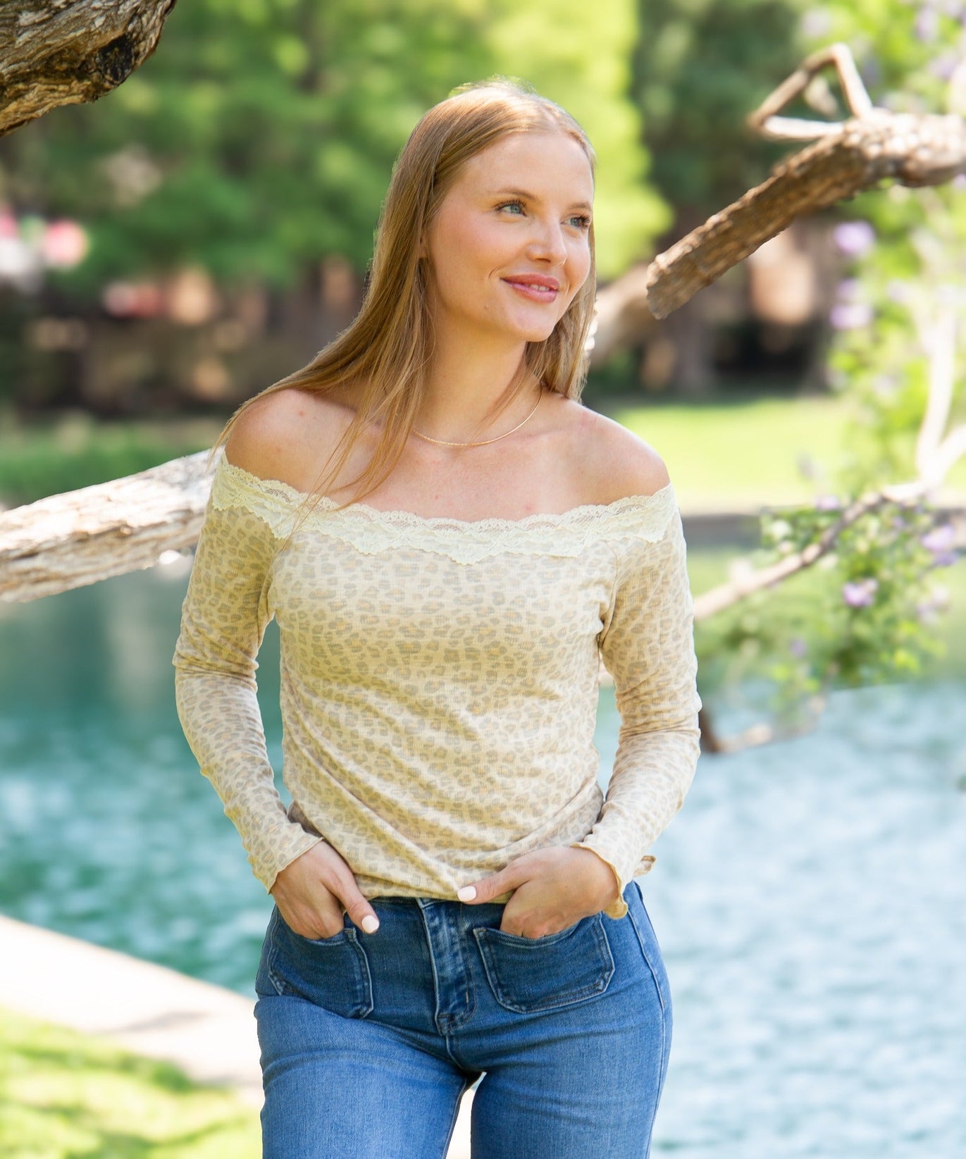 Women's Leopard Print Off-the-Shoulder Long Sleeve Top | Lace Trim | Fitted | High Stretch