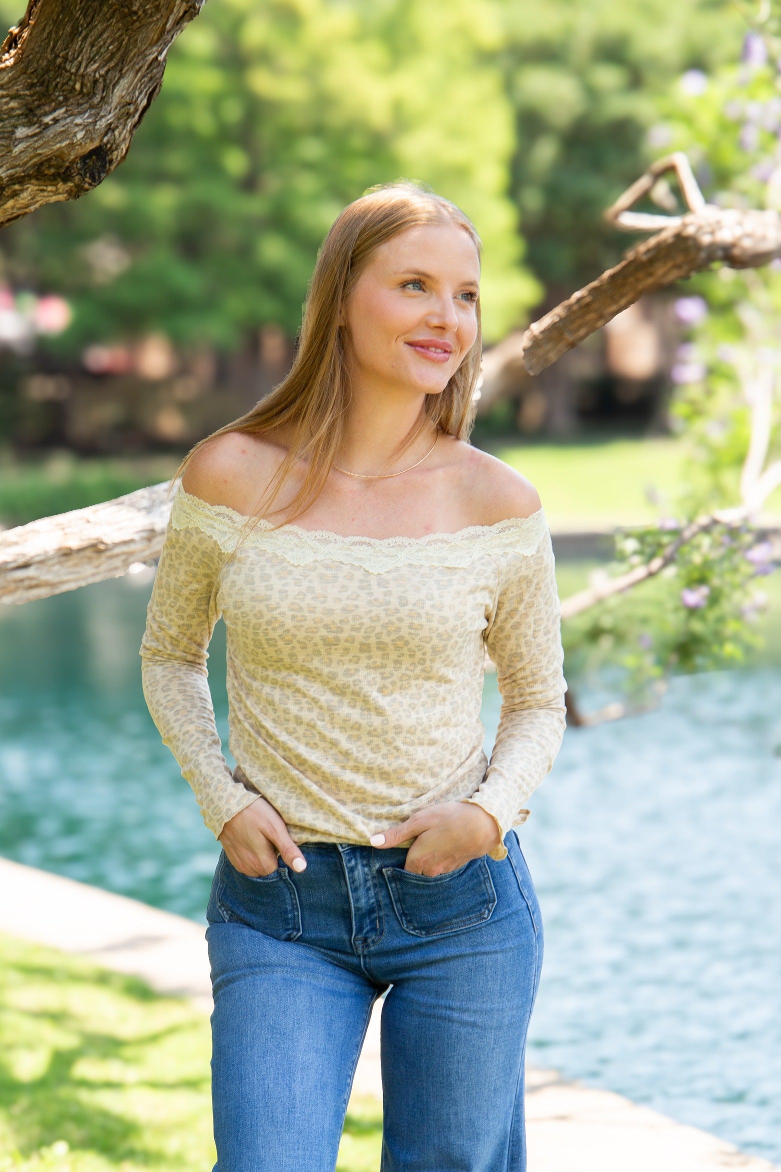 Women's Leopard Print Off-the-Shoulder Long Sleeve Top | Lace Trim | Fitted | High Stretch