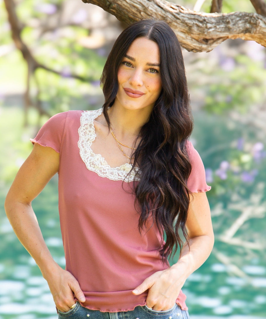 Women's Mauve Square Neck Lace Trim Tee | Fitted Silhouette | Lettuce Edge | High Stretch