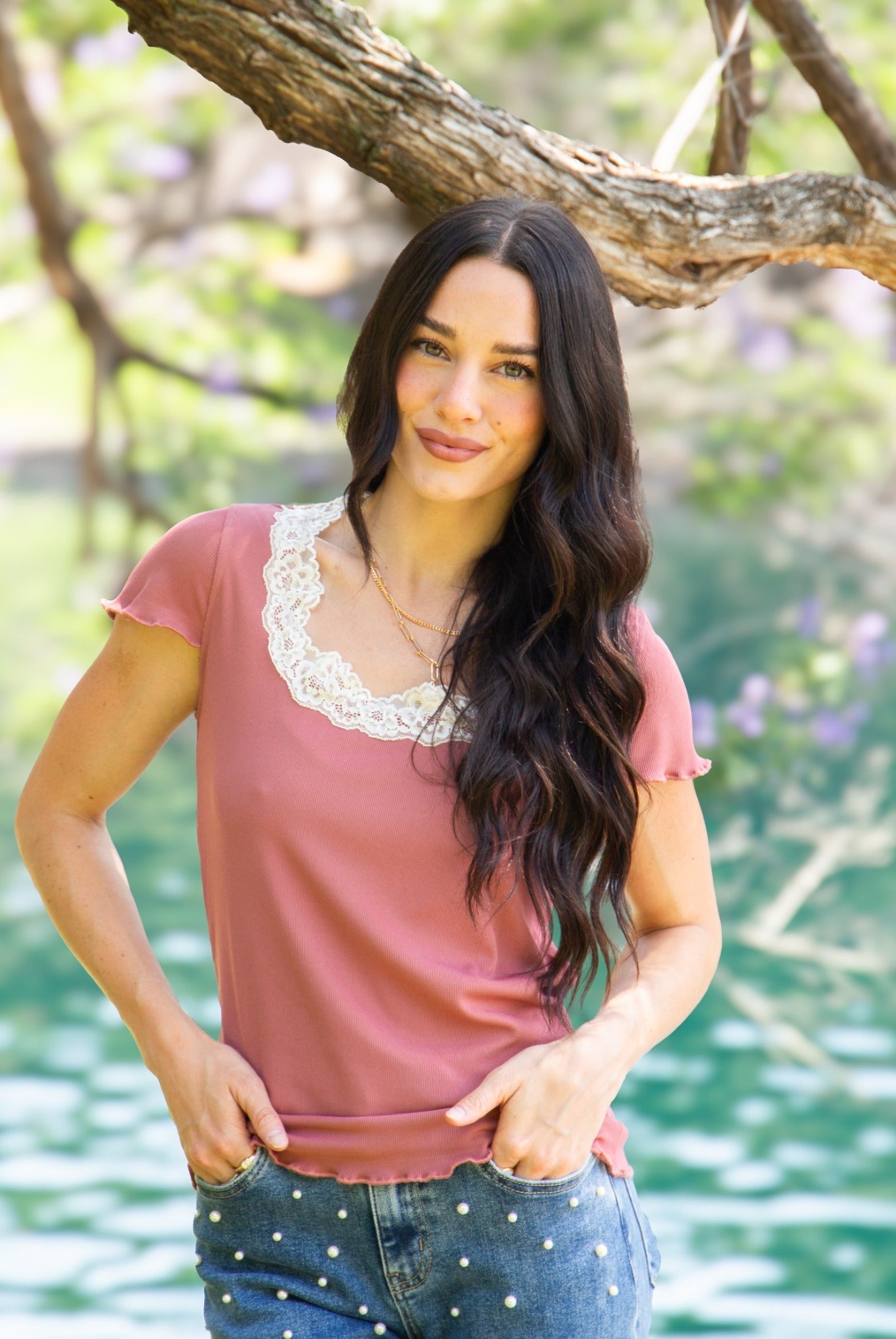 Women's Mauve Square Neck Lace Trim Tee | Fitted Silhouette | Lettuce Edge | High Stretch