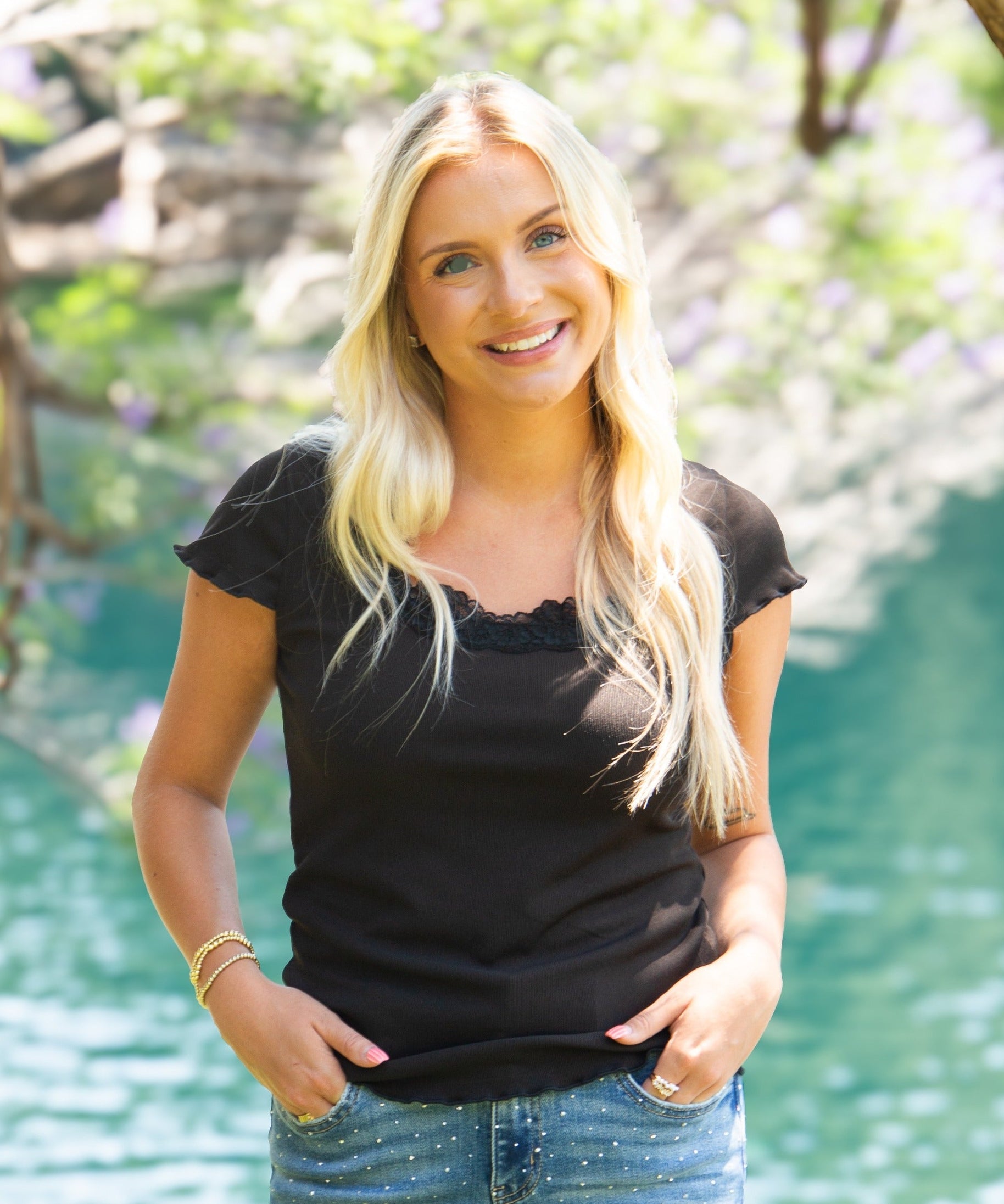 Women's Black Square Neck Lace Trim Tee | Fitted Silhouette | Lettuce Edge | High Stretch