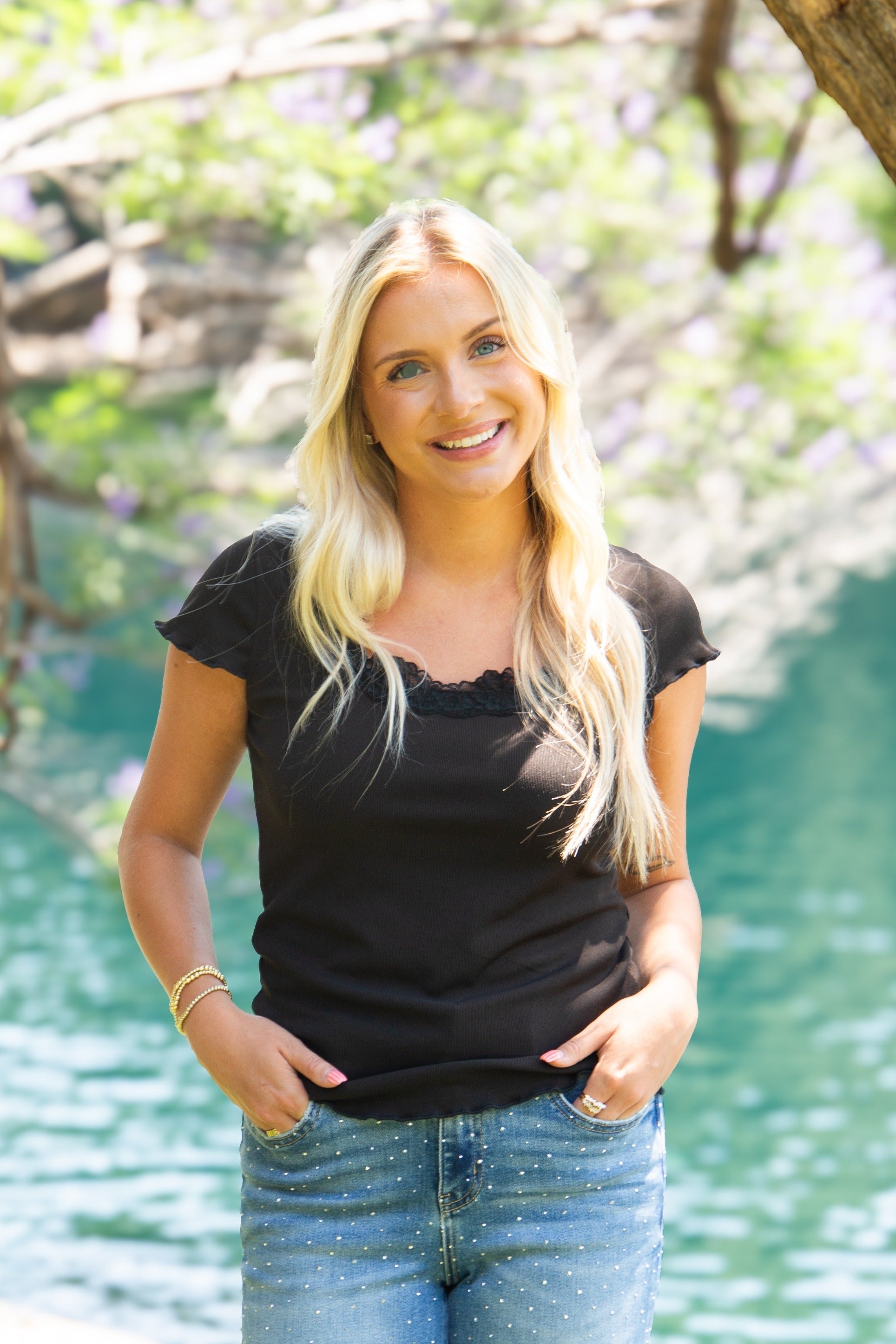 Women's Black Square Neck Lace Trim Tee | Fitted Silhouette | Lettuce Edge | High Stretch