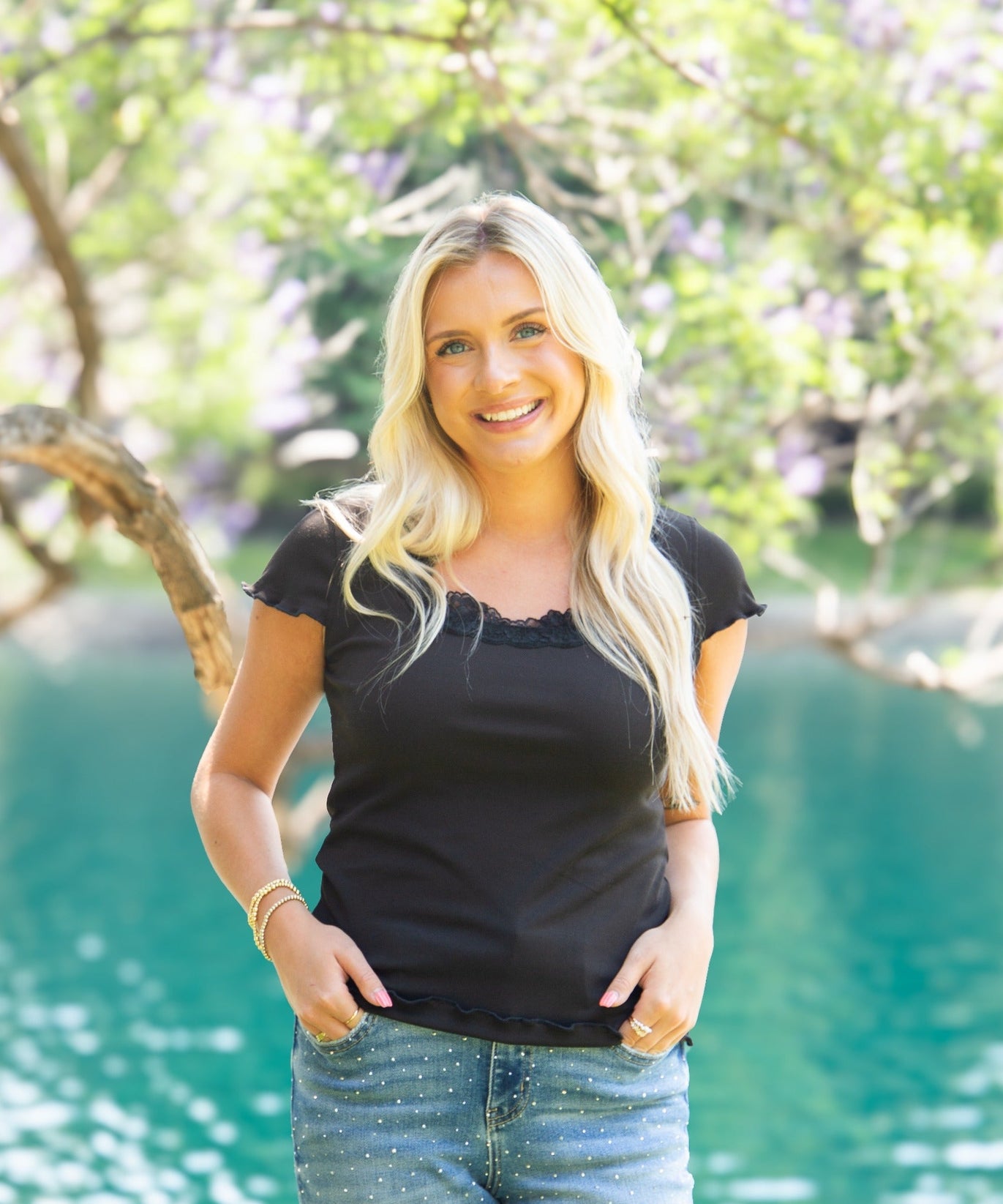 Women's Black Square Neck Lace Trim Tee | Fitted Silhouette | Lettuce Edge | High Stretch