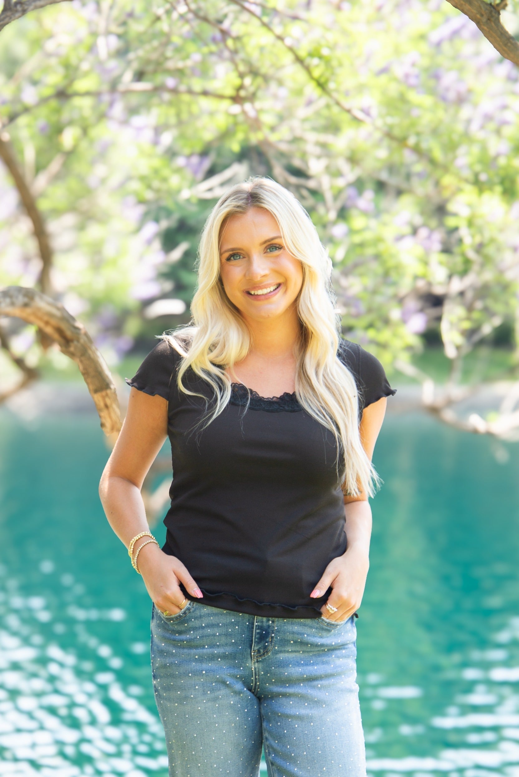 Women's Black Square Neck Lace Trim Tee | Fitted Silhouette | Lettuce Edge | High Stretch