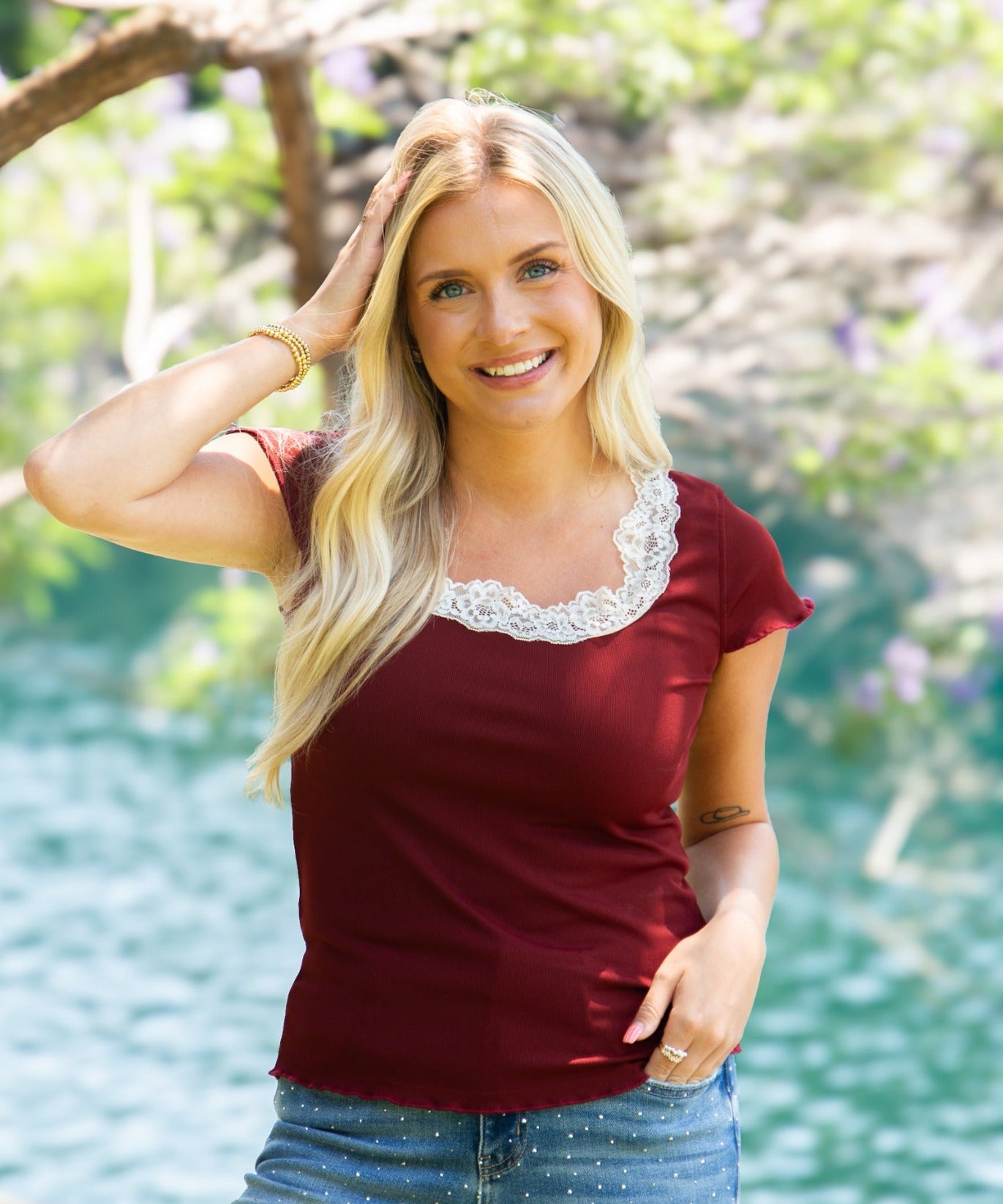Women's Maroon Square Neck Lace Trim Tee | Fitted | Lettuce Edge | High Stretch