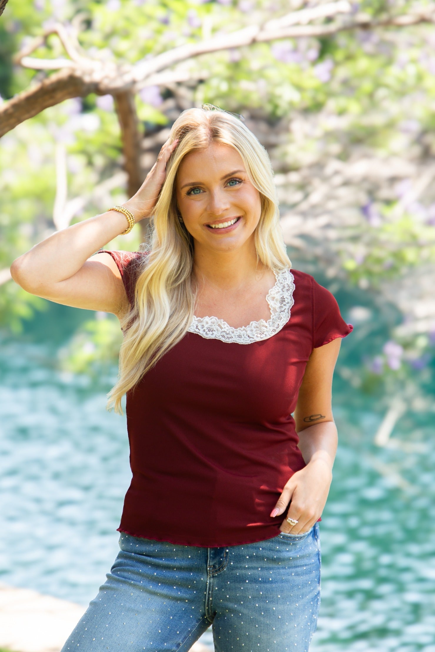 Women's Maroon Square Neck Lace Trim Tee | Fitted | Lettuce Edge | High Stretch