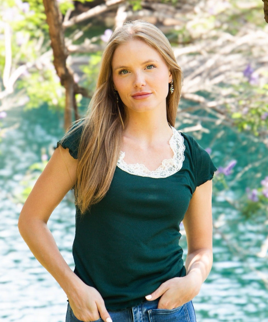 Women's Forest Green Square Neck Lace Trim Tee | Fitted | Lettuce Edge | High Stretch
