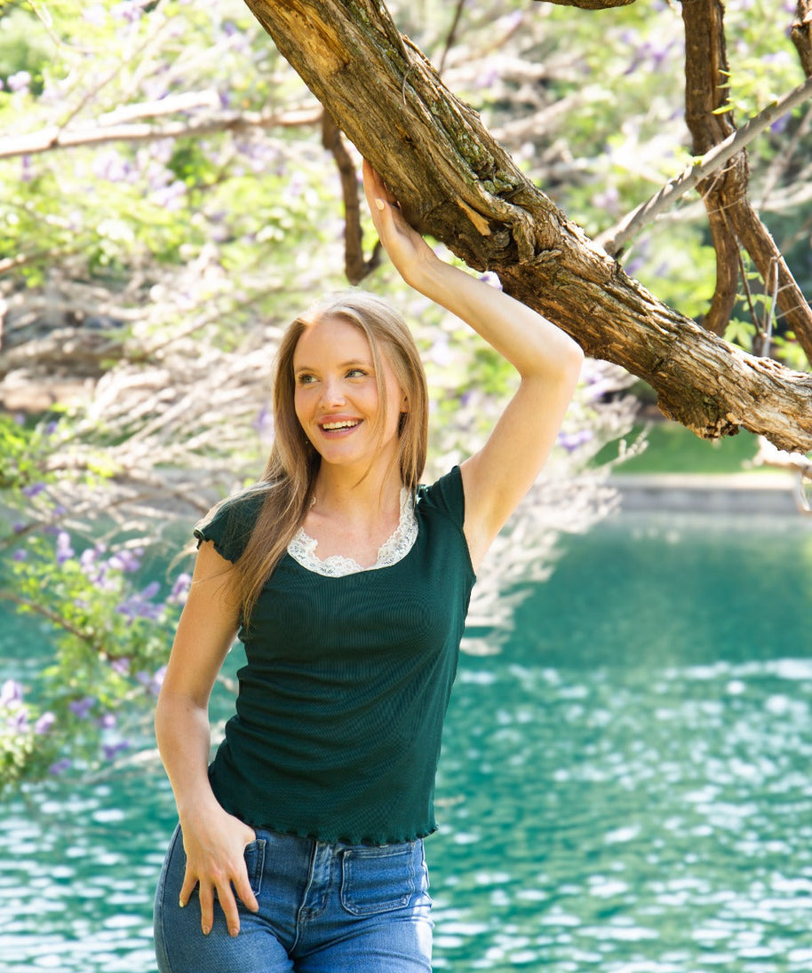 Women's Forest Green Square Neck Lace Trim Tee | Fitted | Lettuce Edge | High Stretch