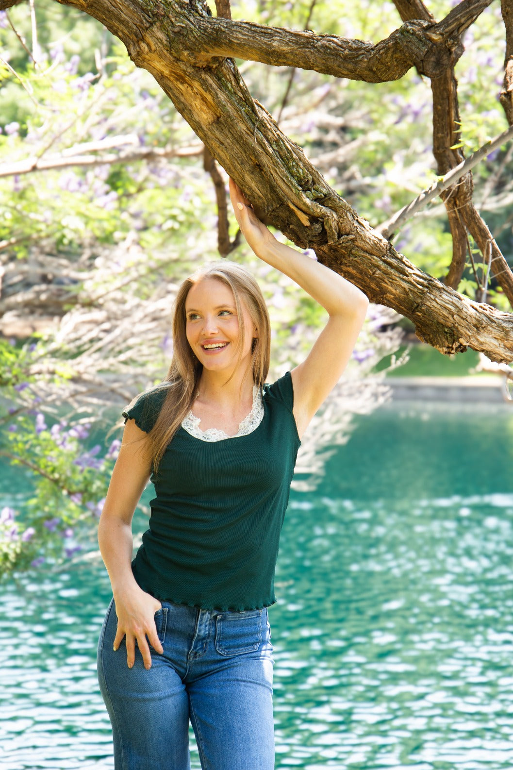 Women's Forest Green Square Neck Lace Trim Tee | Fitted | Lettuce Edge | High Stretch