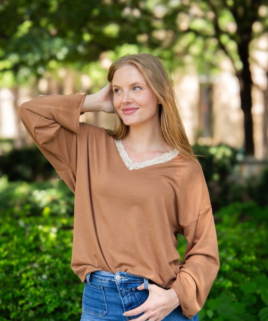 Women's Brown Lace Trim V-Neck Top | Oversized Fit | High Stretch | 96% Polyester