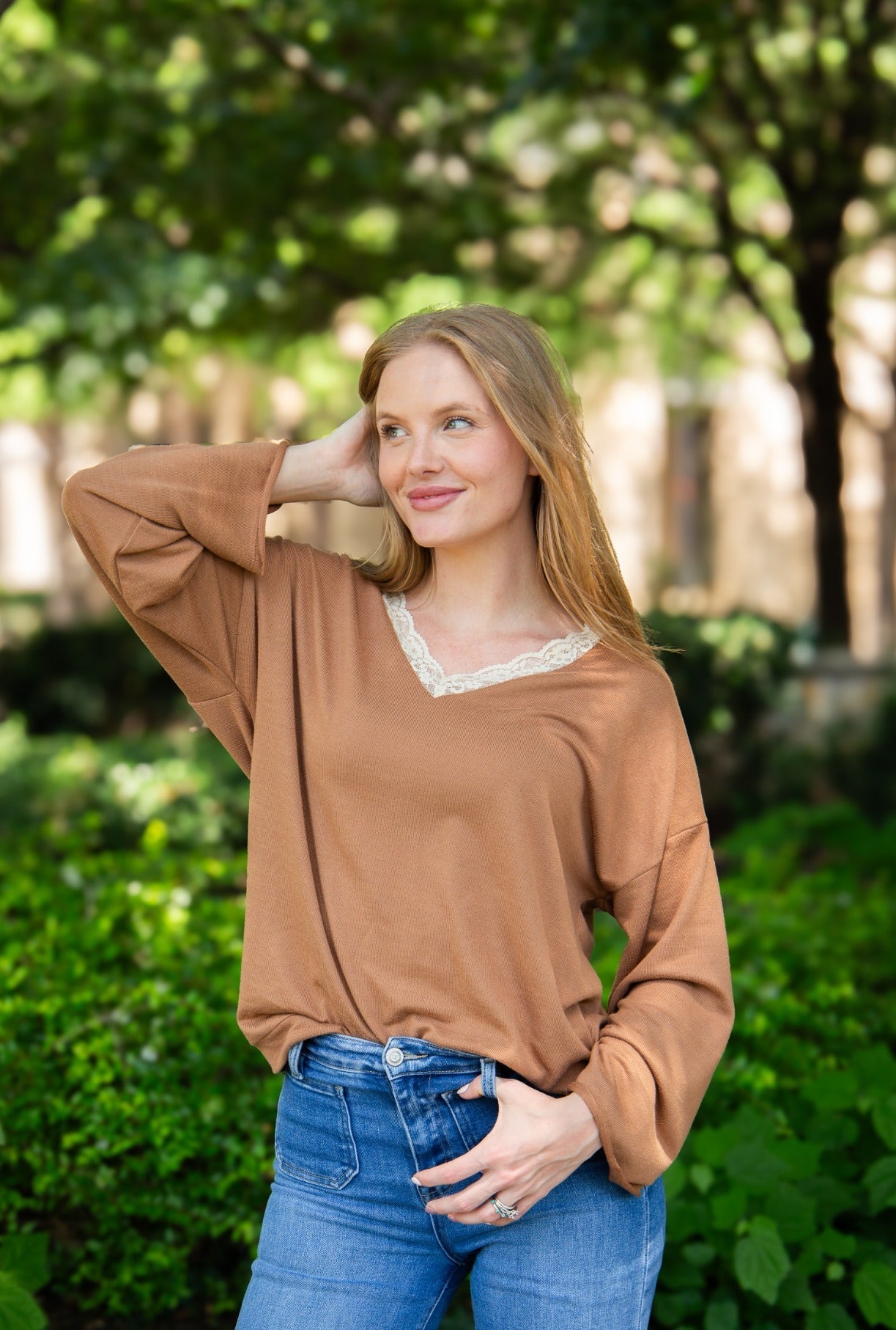 Women's Brown Lace Trim V-Neck Top | Oversized Fit | High Stretch | 96% Polyester